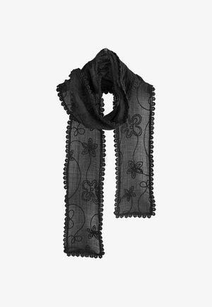 Écharpe noire en tissu léger ornée de broderies florales et d'une finition en dentelle festonnée le long des bords. Design élégant et transparent.