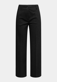Pantalon noir droit sur mesure avec bouton à l'avant et passants de ceinture, présenté sur un fond clair.