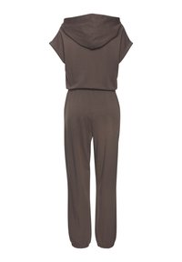 Hooded jumpsuit in dark brown, made from soft fabric. Features short sleeves, elastic waistband, and tapered legs with elastic cuffs.