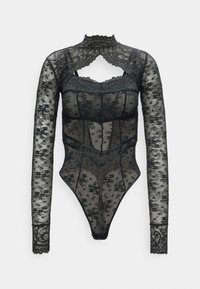 Μαύρο κορμάκι με μακρύ μανίκι από δαντέλα με φυτικά σχέδια, διαφανές ύφασμα, ψηλός λαιμός και άνοιγμα στο στήθος.