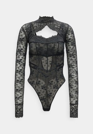 Črno dolg rokav čipkasto bodi z rožnatimi vzorci, prosojno tkanino, visokim izrezom in izrezom na prsih.