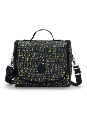 Schultertasche mit schwarzem und gelbem Muster, Text "LET'S PRESS START", oberer Griff, verstellbarer Riemen und kleiner Plüsch-Affen-Schlüsselanhänger angebracht.