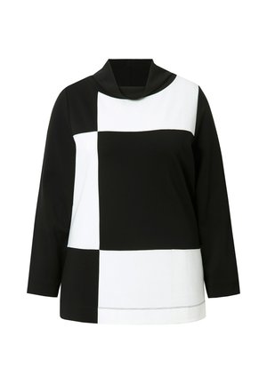 Czarny i biały longsleeve z dekoltem cowl, geometrycznym wzorem w blokach oraz luźnym krojem, wykonany z miękkiej, teksturowanej tkaniny.