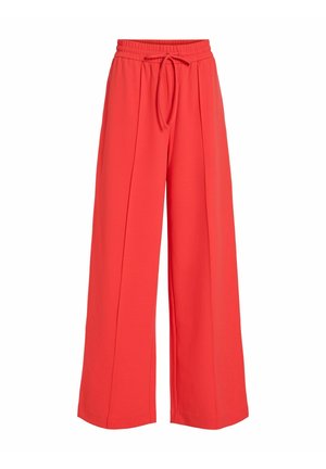 Pantalon rouge à jambes larges en tissu léger, avec une ceinture élastique à cordon de serrage et des plis sur le devant pour plus de détails.