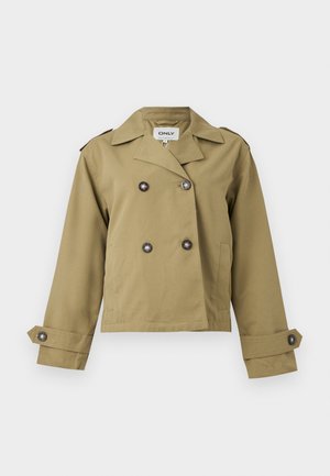 Καφέ cropped trench coat με διπλό πέτο κουμπιά, φαρδιά πέτα, επωμίδες και ρυθμιζόμενες μανσέτες με κουμπιά.