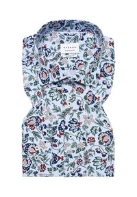 Camicia leggera azzurra con motivo floreale, dal taglio comodo. Presenta motivi multicolori in rosso, blu navy e verde. Polsini con doppio bottone e tessuto morbido.