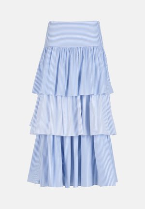 Svetlomodrá a biela pásikavá sukňa na vrstvy s tromi nariasenými volánmi a širokým pásom.