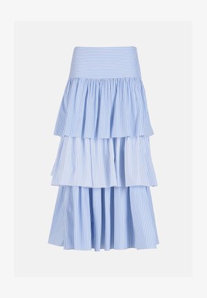 Világoskék és fehér függőlegesen csíkozott többrétegű szoknya három ráncolt fodros réteggel és széles derékpánttal.