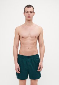 Shorts de bain teal en tissu léger, dotés d'une taille élastique avec une fermeture à bouton et de poches latérales. Texture lisse, longueur au-dessus du genou.
