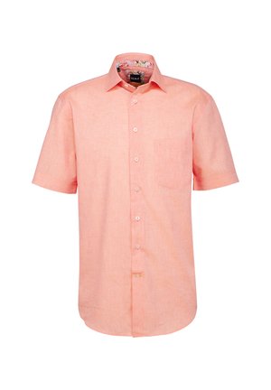Camicia a maniche corte con bottoni color corallo chiaro, realizzata in un tessuto morbido, dotata di una tasca sul petto e colletto interno a fantasia.