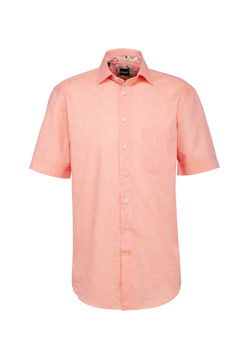 Camicia a maniche corte con bottoni color corallo chiaro, realizzata in un tessuto morbido, dotata di una tasca sul petto e colletto interno a fantasia.