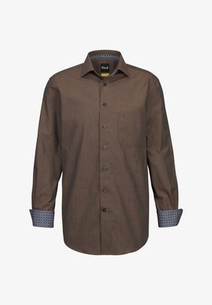 Camicia marrone con bottoni, maniche lunghe, dotata di tasca sul petto e polsini blu a fantasia. Tessuto strutturato con una finitura liscia.