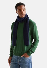 Maglione verde a maniche lunghe, abbinato a una sciarpa blu navy a righe drappeggiata attorno al collo. Jeans azzurri.