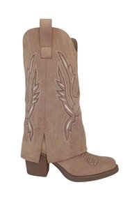 Bottes western en daim beige avec des motifs d'ailes, hauteur mi-mollet, fentes à l'arrière, talon bas et couture décorative sur le bout.
