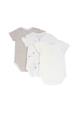 Tre body per neonati a manica corta a righe beige, bianco con piccoli volti di orsetti e bianco semplice, sovrapposti su sfondo bianco.