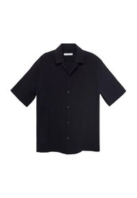 Cămașă neagră cu mâneci scurte, cu închidere prin butoane, guler și țesătură texturată cu dungi verticale. Croială casual și design ușor.