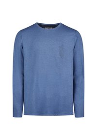 Dlouhý rukáv modré tričko vyrobené z měkké látky, s kulatým výstřihem a potiskem na levé části hrudi.