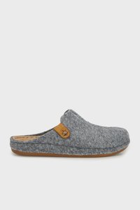Gray felt clog with a rounded toe, brown leather accent and snap detail. Soft texture, flat rubber sole for comfort.