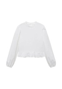 Blusa bianca a maniche lunghe con collo rotondo e arricciato e ruffle decorativo all'orlo. Realizzata in un tessuto leggero e liscio.