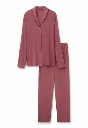 Dvousedý pyžamový set v tlumené růžové barvě, vyrobený z měkké látky. Obsahuje vrchní díl s dlouhými rukávy na zapínání na knoflíky a kalhoty s elastickým pasem.