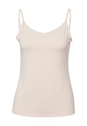 Beżowy damski top na ramiączkach z regulowanymi cienkimi paskami na ramiona, dopasowanym krojem i dekoltem w serek.