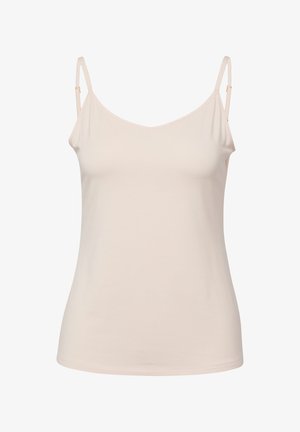 Beige sleeveless women's camisole top with adjustable thin shoulder straps, fitted silhouette, and V-neckline.