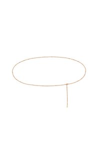 Goldene Kettengürtel mit einem dünnen, zarten Design. Kreisförmige Form mit einem Anhängsel, das an einem Ende einen kleinen Tropfen hat.