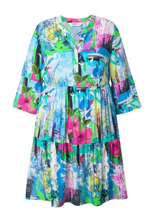 Floral-patterned dress in vibrant blue, pink, and green colors, with a tiered design, long sleeves, and a buttoned neckline.