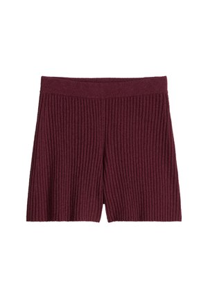 Shorts en tricot côtelé bordeaux à taille haute et jambes évasées, fabriqués en tissu doux et texturé.