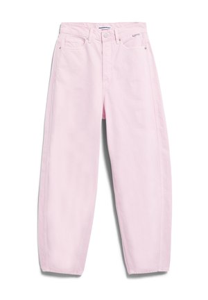 Lichtroze jeans met hoge taille en rechte pijpen, voorzien van voorzakken, riemlussen, knoopsluiting en een klein merkje op de tailleband.