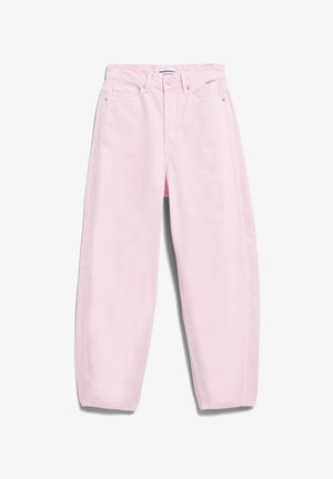 Lichtroze jeans met hoge taille en rechte pijpen, voorzien van voorzakken, riemlussen, knoopsluiting en een klein merkje op de tailleband.