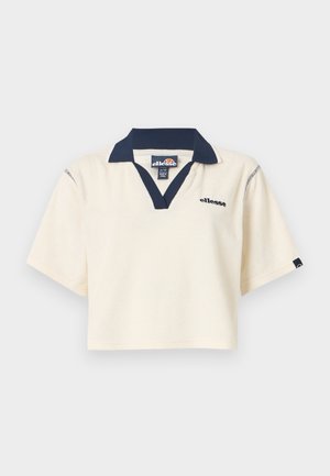 Polo majica kratkih rukava u krem boji, izrađena od mekog materijala, s tamnoplavim ovratnikom i logotipom na lijevoj strani grudnog koša. Kratki kroj s strukturiranim rubovima.