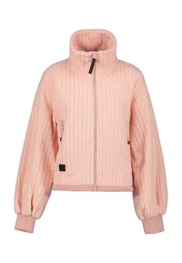 Giacca rosa pelosa con colletto alto, chiusura con zip e polsini a costine. Presenta un tessuto testurizzato e tasche laterali con accenti a contrasto.
