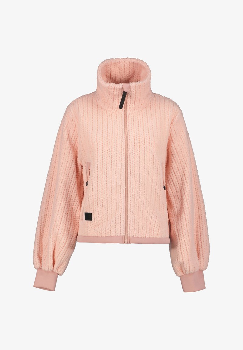 Fuzzy roze jasje met een hoge kraag, ritssluiting aan de voorkant en geribde manchetten. Kenmerken zijn de gestructureerde stof en zijzakken met contrasterende accenten.