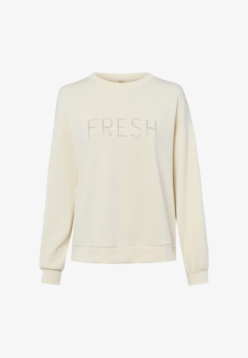 Cremefarbener Pullover mit langen Ärmeln, gerippten Bündchen und Saum, mit dem Wort "FRESH" aus kleinen Strasssteinen quer über der Brust.