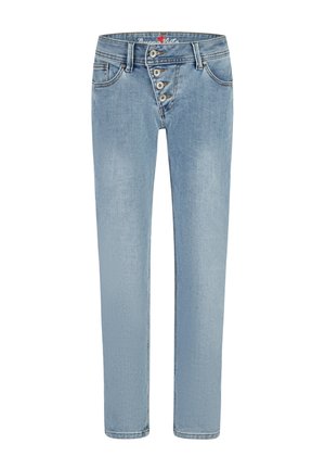 Jasnoniebieskie jeansy z denimu o wysokim stanie, cztery widoczne metalowe guziki oraz przednie kieszenie, pokazane z przodu na białym tle.