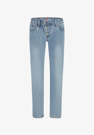 Lyseblå denimjeans med høj talje, fire synlige metallknapper og frontlommer, vist forfra på hvid baggrund.