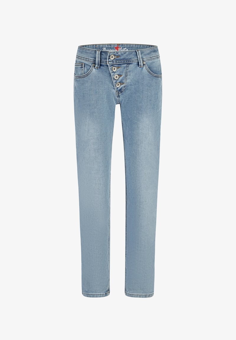 Lichtblauwe spijkerbroek met hoge taille, vier zichtbare metalen knopen en steekzakken aan de voorkant, vooraanzicht op witte achtergrond.