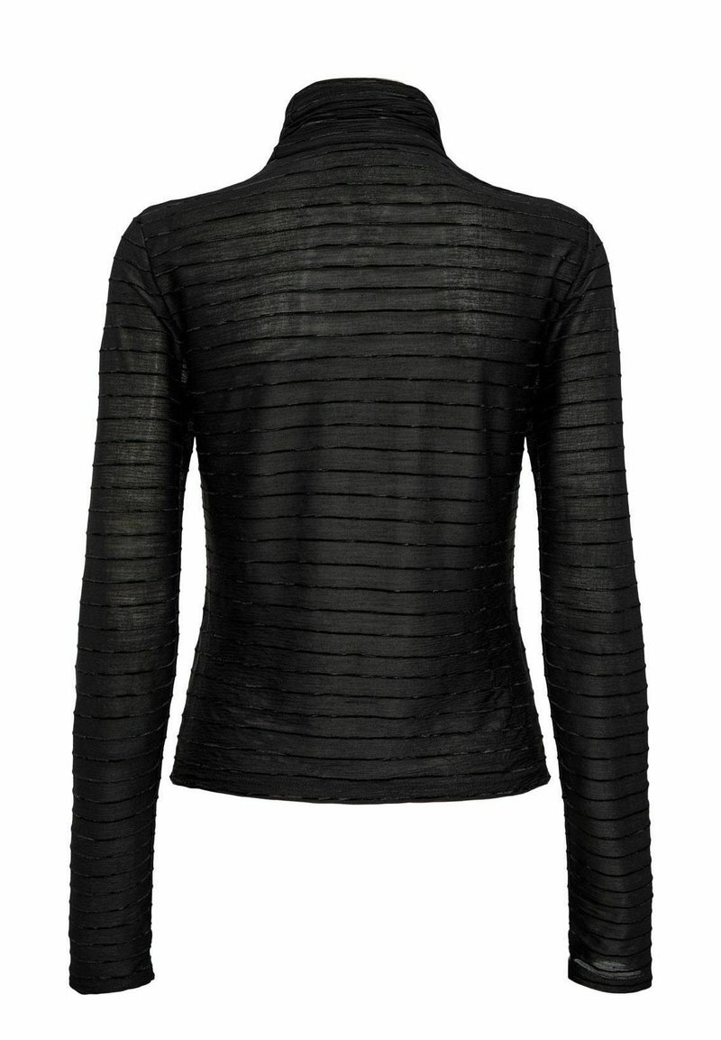 Schwarzes Langarmoberteil mit hohem Kragen; verfügt über horizontale erhabene Streifen aus einem strukturierten Stoff. Einfaches und figurnahes Design.