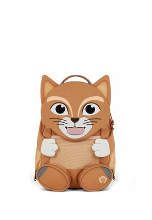 Children's brown backpack designed as a smiling cat with large eyes, ears, paws, and a mesh front pocket.