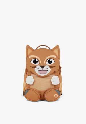 Children's brown backpack designed as a smiling cat with large eyes, ears, paws, and a mesh front pocket.