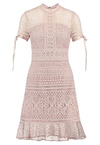 Růžové krajkové šaty s krátk ými rukávy, vysokým výstřihem a mašlovými akcenty. Mají složité vzory a široký lem. Vyrobeny z lehké tkaniny.