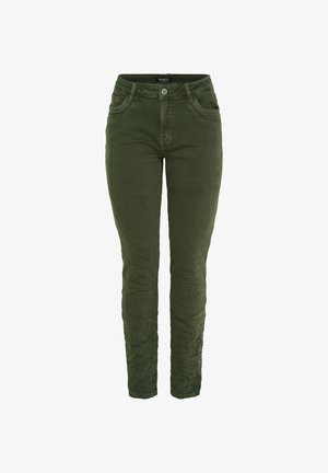 Grønne skinny jeans lavet af en bomuldsblanding. Har et klassisk fem-lomme-design, lynlås foran og knaplukning. Glat tekstur og tætsiddende pasform.