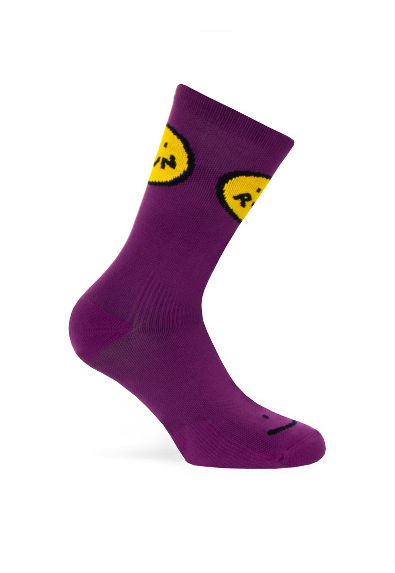 Lilla strømper med gule smiley ansigt-designs med sorte omrids, fremstillet af et glat og strækbart materiale for en behagelig pasform.