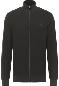 Tmavě šedý cardigan na zip s vysokým límcem, vroubkovanými manžetami a lemem, který má decentní logo na hrudi a texturovanou pletenou tkaninu.