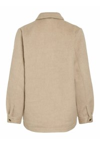 Beige villasekoituksesta valmistettu takki, rento malli, jossa on kaulus, pitkät hihat, napilliset hihansuut ja hieno rakenne, pääasiassa nähtynä takaa.