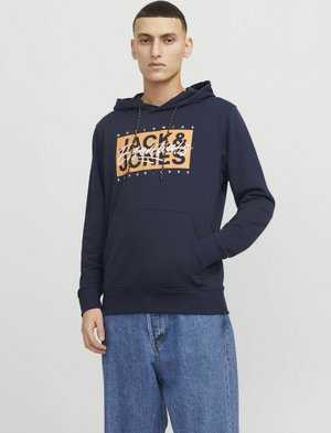 Navy blue hoodie with a front graphic featuring "Jack & Jones" in white and orange text, drawstring hood, and kangaroo pocket.