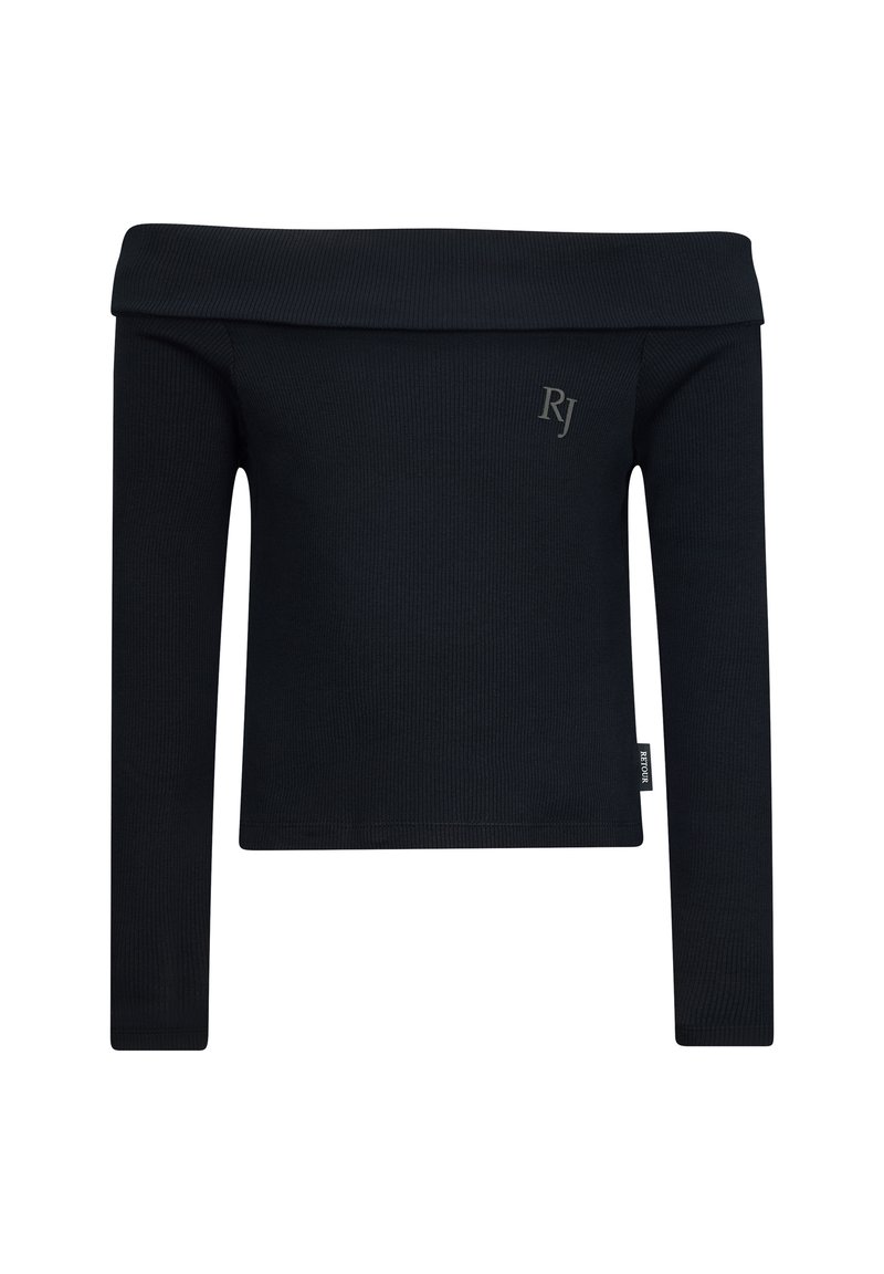 Czarny, prążkowany top typu off-the-shoulder z długimi rękawami i subtelnym metalicznym logo "RJ" z przodu. Towarzyszy mu tkana metka na dole.