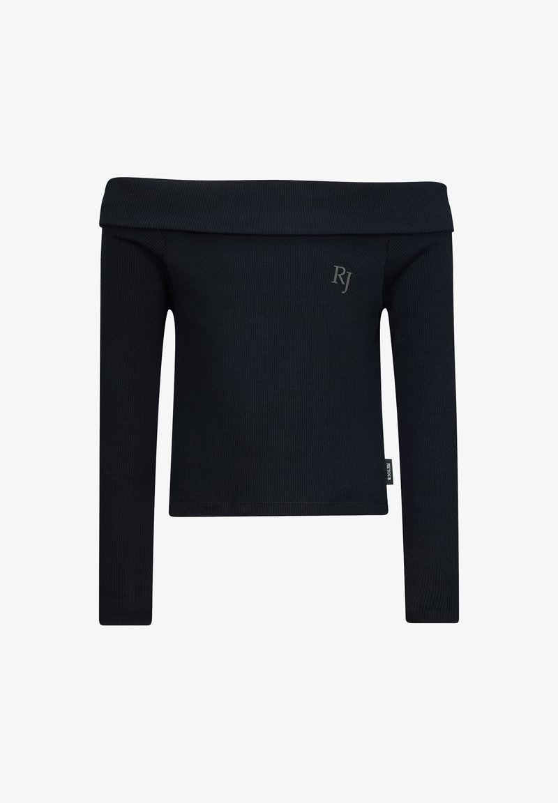 Schwarzes, geripptes Oberteil mit schulterfreiem Design, langen Ärmeln und dezentem metallischem "RJ"-Logo auf der Vorderseite. Mit einem gewebten Etikett am Saum.