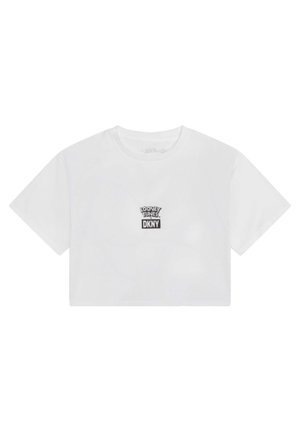 Biały krótki T-shirt z krótkimi rękawami, z czarnym logo tekstowym "Looney Tunes DKNY" umieszczonym na środku klatki piersiowej.